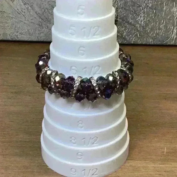 Silver and Purple Faceted Glass with Rhinestones Stretch Bracelet Sparkling - Picture 4 of 5